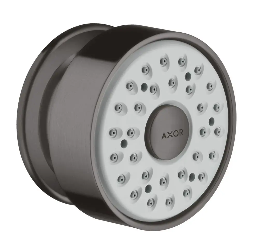 Runde Brause in gebürstetem schwarzem Chrom mit mehreren Wasserstrahldüsen. Produkt von Hansgrohe, geeignet für die Wandmontage in Duschbereichen.